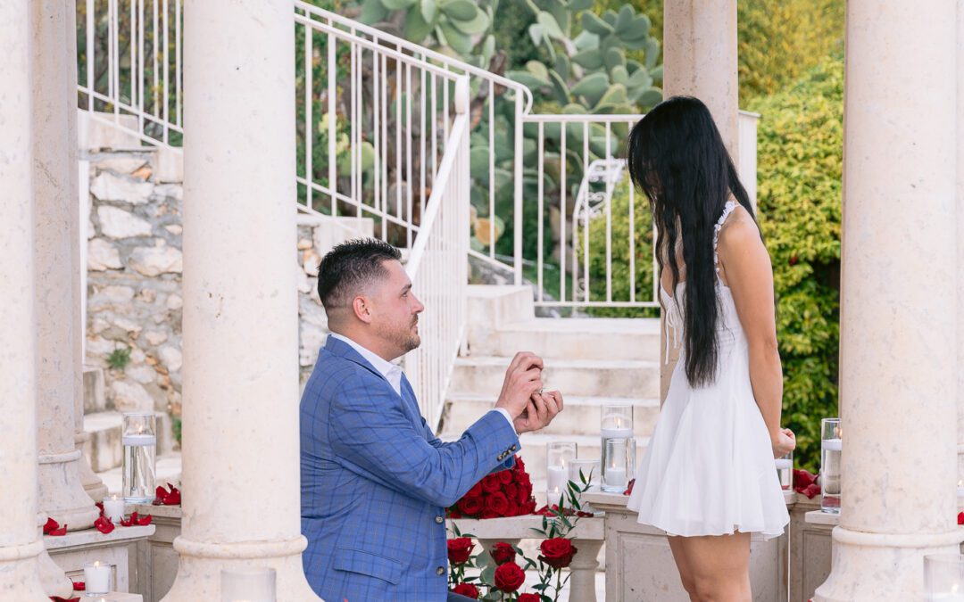 Wedding proposal at La Chèvre d'Or Dome with bouquet of red roses